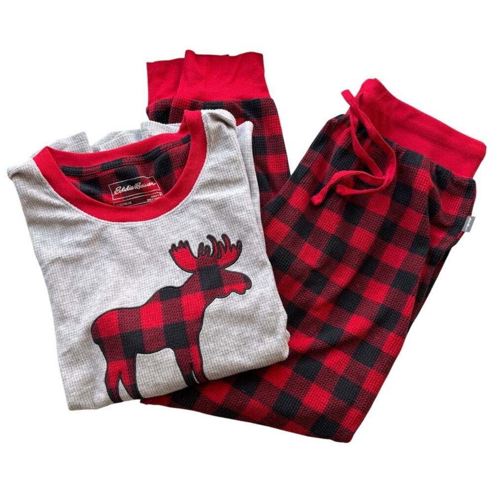 Eddie Bauer Women PJ Set Holiday Waffle Knit Moose Buffalo Plaid Jogger Size Med
